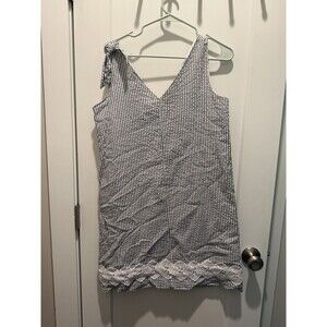 Duffield Lane Seersucker Sleeveless V-Neck Dress Striped Crochet Hem Medium Blue